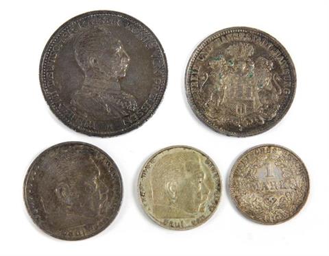 5 Silbermünzen Dt. Reich 1910/36