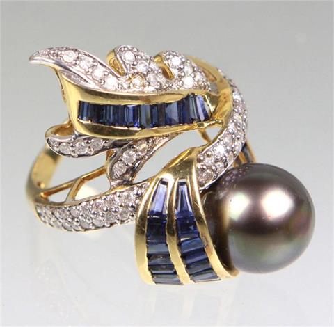 Design Ring mit Tahitiperle, Saphiren u. Brillanten - GG/WG 750