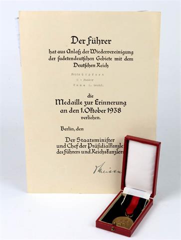 Sudetenland - Medaille mit Verleihungsurkunde